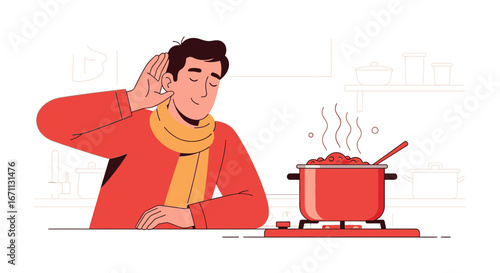 Man Enjoying The Scent Of A Delicious Meal Cooking In A Kitchen Setting
