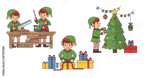 Holiday season preparations: delightful illustrations of santa's elves in joyful activities