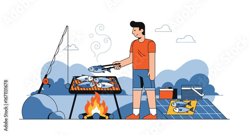 Man Grilling Freshly Caught Fish Outdoors For A Relaxing Picnic Lunch Adventure