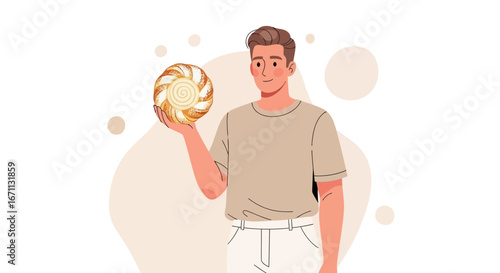 Man Holding a Delicious Pastry in his Hand, Illustration of Food and Culinary Delights