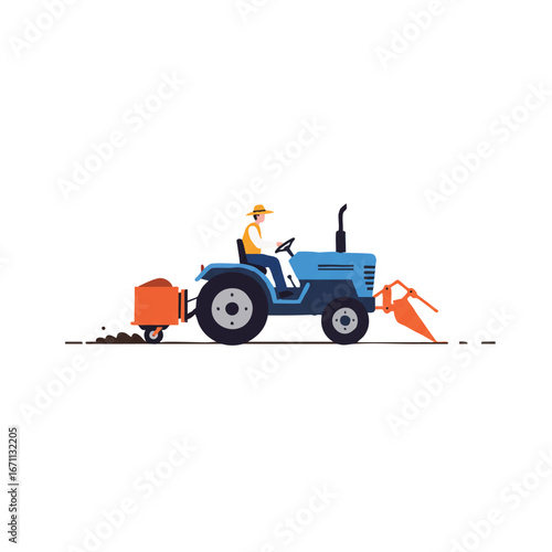 A diligent farmer drives a small agricultural tractor, presented as a clean 2D flat vector illustration with minimalist solid colors, isolated on a bright white background.