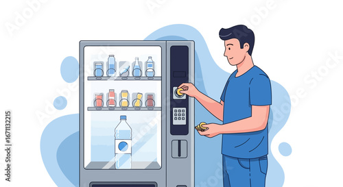 Man Inserting Coins Into A Vending Machine To Purchase Refreshing Beverages Quickly