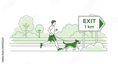 Man Jogging With Dog Near Exit Road Sign, Enjoying Outdoor Exercise In Nature