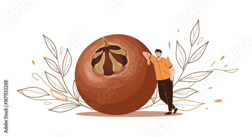 Man Leaning Against Giant Medlar Fruit Surrounded by Botanical Elements Illustrative Design