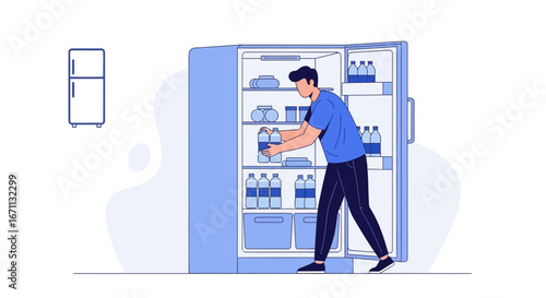 Man Organizing The Fridge, Bringing Water Bottles, Inside A Modern Apartment