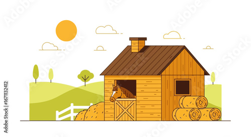 Rural Horse and Farm Scene Depicting a Sunny Day and Tranquil Meadow
