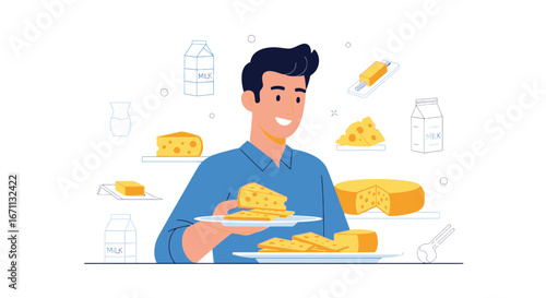 Man Presenting Different Cheese Varieties, Illustrated On A White Background With Milk Cartons