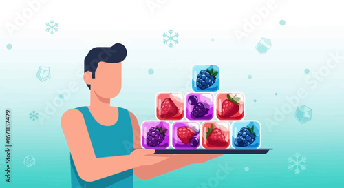Man Presenting Frozen Berries Served In Colorful Ice Cubes On Tray Illustration