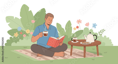 Man Reading Book and Enjoying Coffee Outdoors on a Sunny Day