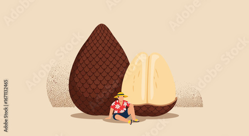 Salak Illustration: Exotic Fruit Surrounded By Sitting Person, Tropical Vacation Vibe