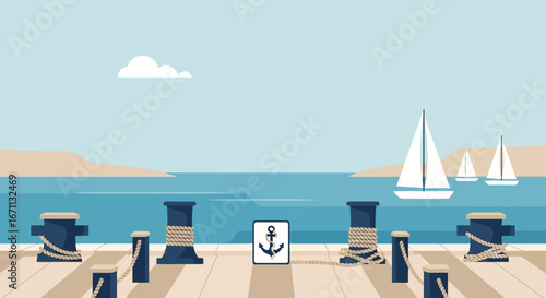 Scenic Harbor Illustration Featuring Boats, Anchor Sign, And Wooden Dock, Peaceful Scene