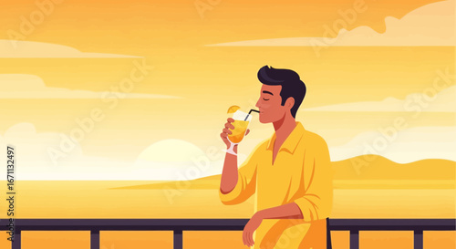 Man Relaxes Drinking Cocktail During Sunset, Peaceful Summer Day, Tropical Vacation Lifestyle