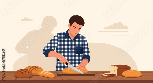 Man Slicing Fresh Bread, Perfecting the Culinary Craft with a Focus on Food Presentation