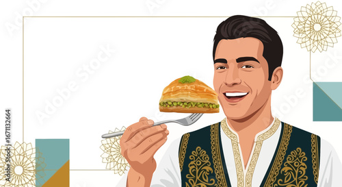 Man Smiling While Presenting Traditional Dessert on Fork and Middle Eastern Design