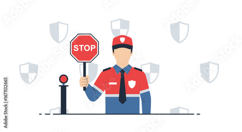 Security Officer Displaying Stop Sign with Protective Shields Protecting Assets