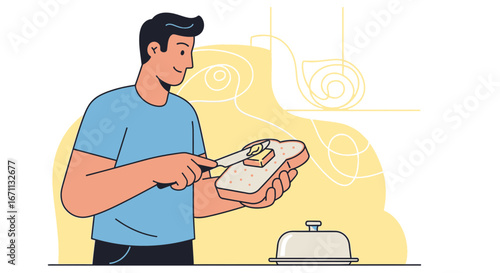 Man Spreading Butter On Toast Illustration Depicting Everyday Breakfast Preparation