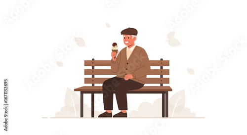 Senior Enjoying Ice Cream on a Bench, Illustrating Leisure and Happiness in the Park