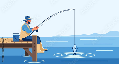 Serene Angler Catches Fish While Enjoying The Tranquility Of A Calm Lakeside Day