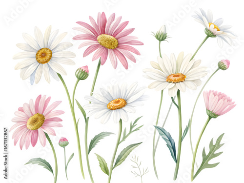 Delicate watercolor daisies and poppies in bloom against a black background