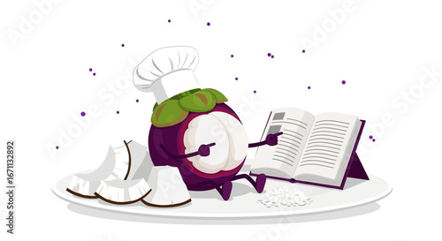 Mangosteen Chef Studying Recipe Book While Sitting Near Sliced Coconuts on Plate