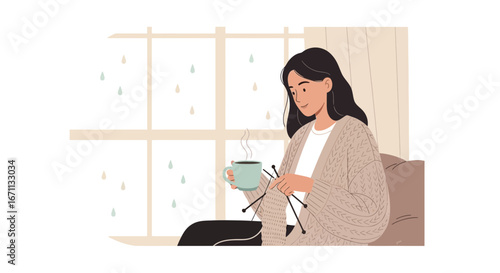 Serene Daydream: Woman Enjoys Cozy Crafting, Sip Of Brew, And Rainy Window View