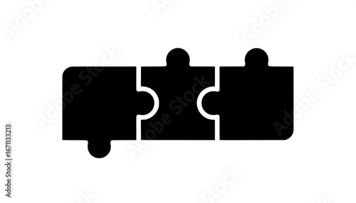 Three black jigsaw puzzle pieces connected in a row, symbolizing teamwork, solution, and integration, representing seamless collaboration and problem-solving