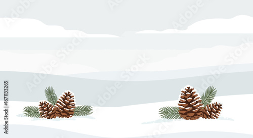 Serene Winter Pine Cones Resting On Fresh Snowscape Under Cloudy Winter Sky
