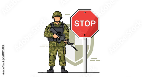 Military Soldier Stands Guard Protecting Behind A Stop Sign And A Large Shield