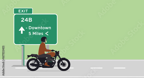 Motorcycle Rider Approaching Downtown Directional Sign Leading To Exit Route On Freeway