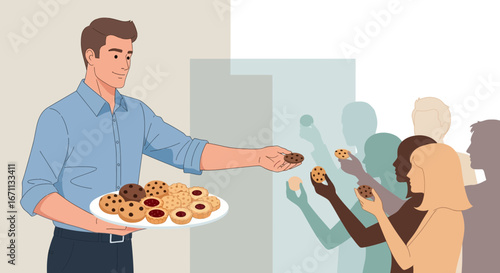 Sharing Cookies: A Generous Man Offers Treats To A Diverse Gathering Of People.