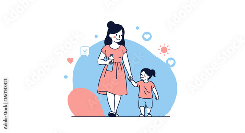 Mother And Child Walking Together Under The Sunny Sky And Showing Love and Affection