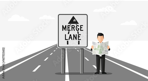 Navigating Merge Lane: Road Sign And Person Examining A Map For Direction