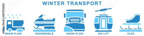 Winter transport dual tone icons set. contain snow plow, snowmobile, ski lift, sled and more. Vector for modern concept digital or print, car service, auto garage UI, UX, web and app development.