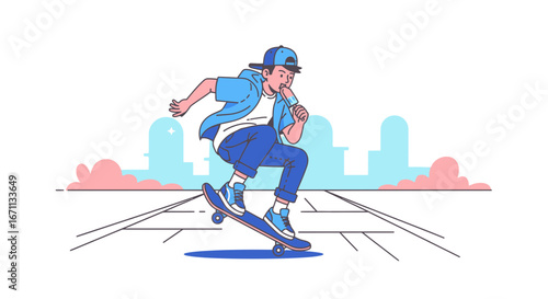 Skateboarder Enjoying Ice Cream While Doing Tricks On A Sunny Day Urban Scene