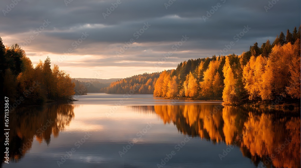 Fototapeta premium A cinematic lake surrounded by autumn forests glowing in golden evening sunlight