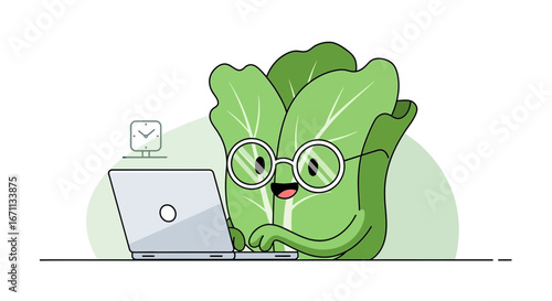 Smart Lettuce Character Works on a Laptop Beside a Clock in a Fun Cartoonish Illustration