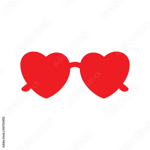 Red heart shaped sunglasses silhouette vector flat illustration on white background.