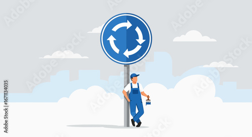 Painter Resting By Roundabout Sign Depicting Circular Road Movement In Urban Setting