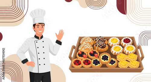 Smiling Baker Announces His Fresh Baked Goods with A Delicious Range of Pastries