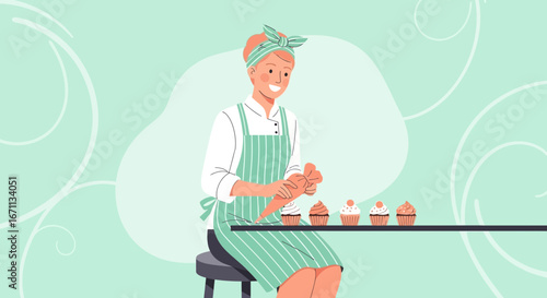 Smiling Baker Decorating Freshly Baked Cupcakes With Whipped Cream In A Stylish Kitchen