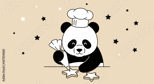 Panda Chef Creatively Decorating Star Shaped Cookies For Baking Enthusiasts and Sweet Treats