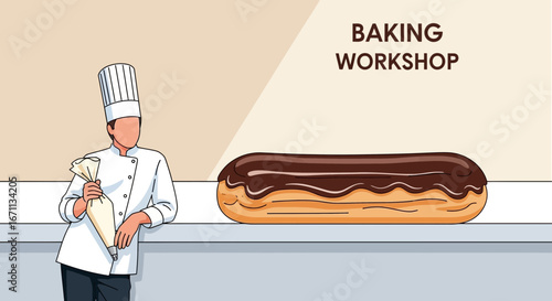 Pastry Chef Standing Near a Beautiful Eclair, Ready for a Baking Afternoon