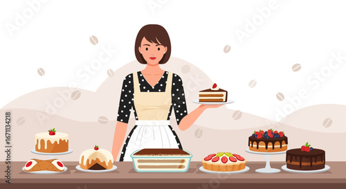 Smiling Baker Presenting Delicious Assortment of Cakes and Desserts, Freshly Baked and Served