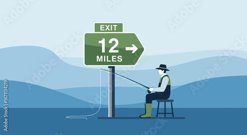 Peaceful Angler Fishing Near Highway Sign, Embracing Serenity And Patience In Nature