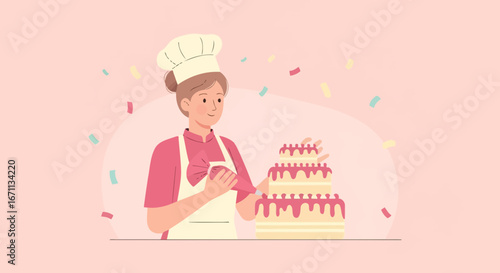 Smiling Baker Preparing a Beautiful Three-Tiered Cake Festive Celebration Delight