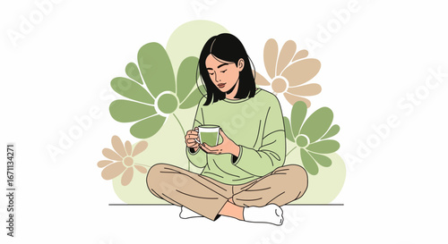 Peaceful Woman Enjoying Drink While Meditating Amongst Floral Elements