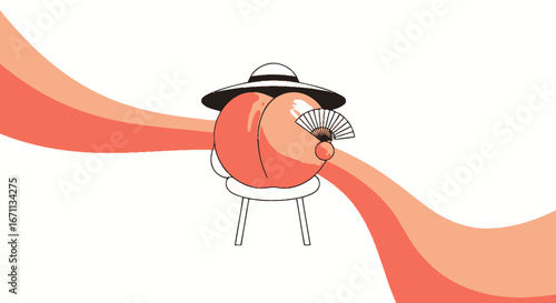 Peach Charmer With Hat And Fan Posing Gracefully With Stylish Illustration