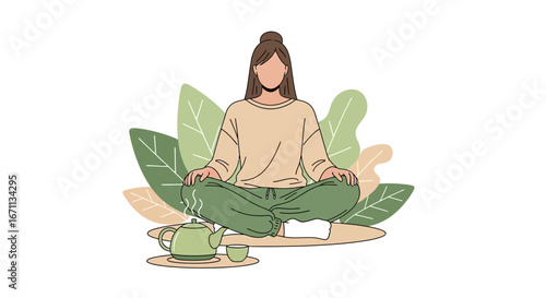 Peaceful Yoga Session Featuring Tea Set And Nature-Inspired Background Scene
