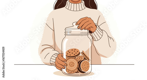 Person Choosing From Jar of Biscuits, Comfort Food, Sweet Treats, Modern Illustration