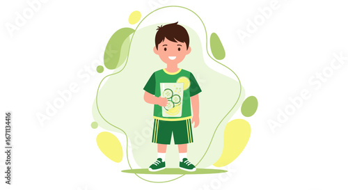 Smiling Boy Drinks Refreshing Lemonade, Summer Youth Enjoying Cucumber Beverage